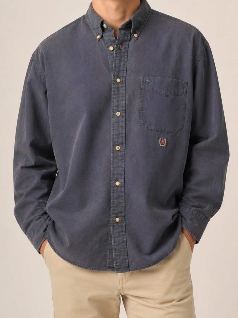 Tommy Hilfiger Men's Button Down Shirt XL Navy Blue Long Sleeve Flag Logo Pocket